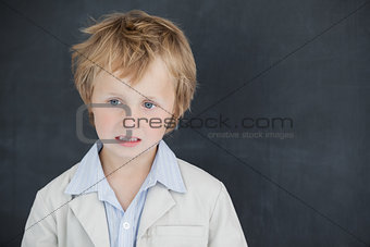 Boy dressed as teacher and stands in front of black board