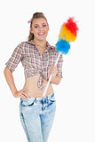 Portrait of casual woman with colorful feather duster