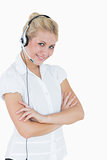 Portrait of young female executive wearing headset