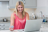 Woman doing online shopping in the kitchen