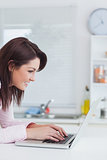Side view of happy woman using laptop