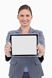 Portrait of smiling business woman holding digital tablet