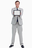 Portrait of smiling business man holding digital tablet