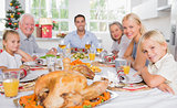 Focus on the roast turkey in front of family