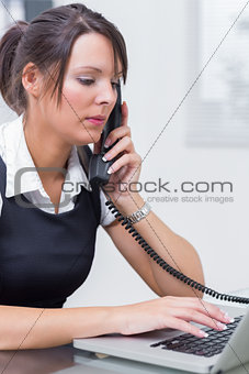 Executive using laptop and landline phone at office