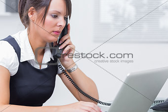 Executive using laptop and landline phone at office
