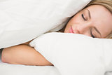 Closeup of beautiful woman under sheet with eyes closed in bed