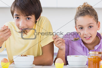 Happy siblings having breakfast