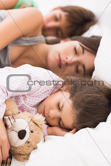 Mother and children cuddled up in bed