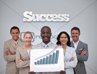 Happy businessman holding a panel showing graph