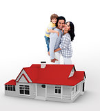 Family standing behind a red house illustration