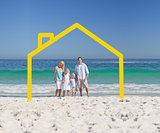 Family posing with a yellow house illustration