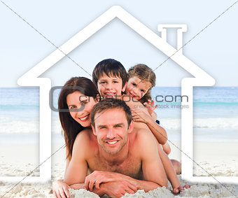 Family on the beach with a white house illustration