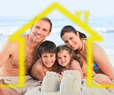 Family on a beach with yellow house illustration
