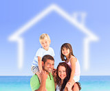 Family posing with a blurred house illustration