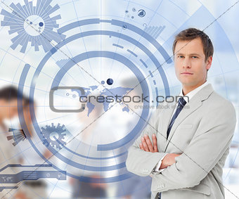 Salesman with arms crossed with a blue world map illustration