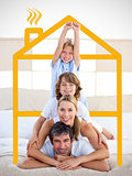 Family having fun with yellow drawing house