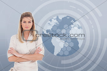 Businesswoman with a globe illustration