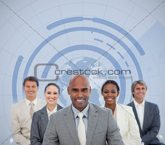 Businessman with his team and globe illustration
