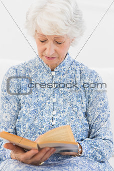 Elderly focused woman reading a old novel