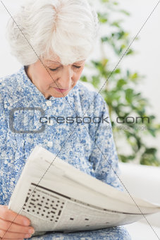 Elderly focused woman reading newspapers