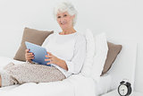 Smiling elderly woman using a digital tablet