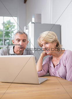 Focused couple using a laptop together