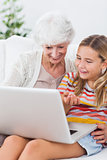 Granny and little girl using laptop