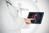 Doctor showing her tablet with body running
