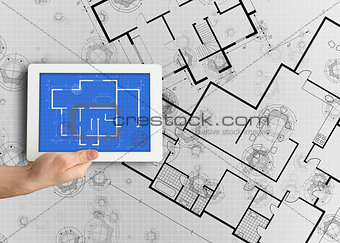 Digital tablet displaying blueprint