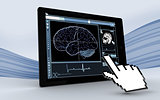 Cursor pointing to tablet showing brain interface
