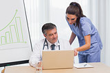 Doctor showing nurse something on laptop