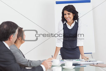 Businesswoman leaning on desk