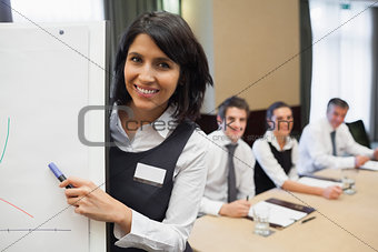 Businesswoman pointing to her presentation