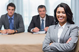 Smiling woman with interview panel