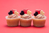 Three valentines cupcakes in a row