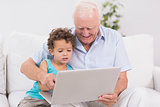Grandfather and grandson watching a laptop screen