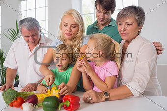 Mother chopping peppers for family
