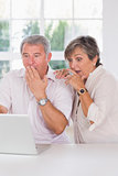 Old couple shocked in front of a laptop