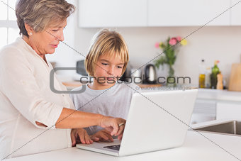 Grandmother showing laptop to a child