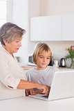 Granny and grandson looking at laptop