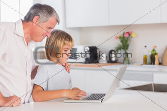 Child and grandfather looking at laptop