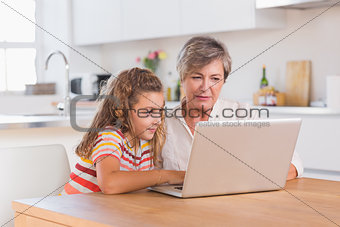 Child and granny looking at laptop
