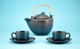 dish retro tea pot cups saucers morning drink blue 