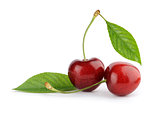 Ripe cherry berries with green leaf