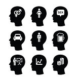 Head, man thoughts vector icons set