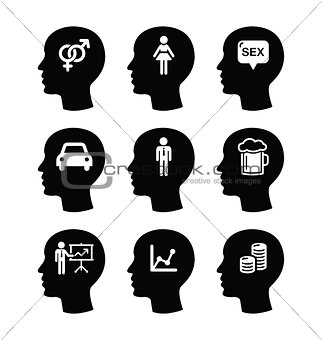 Head, man thoughts vector icons set