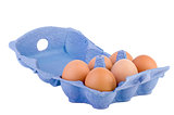 Cardboard egg box with six brown eggs
