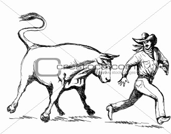 Rodeo cowboy being chased by a bull