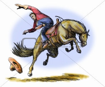 Rodeo cowboy falling off a bucking bronco